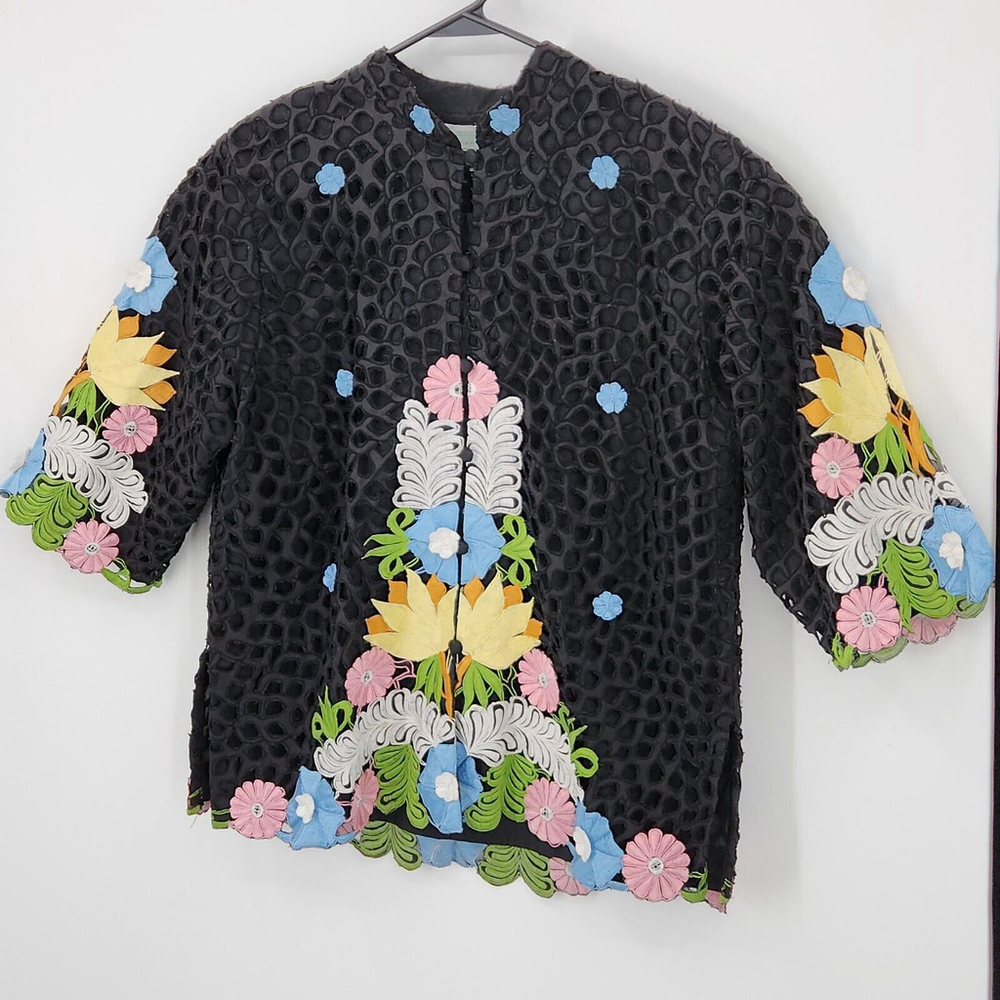 QUEEN CARO OF HONOLULU Vtg Floral Embroidered Applique Jacket Hawaiian Colorful - Picture 2 of 13